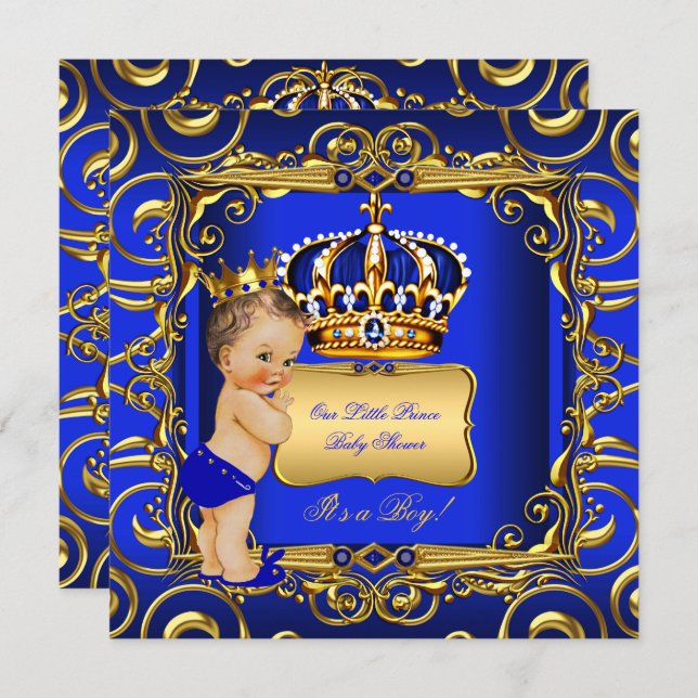 Little Prince Baby Shower Blue Brunette Baby Boy Invitation (Front/Back)