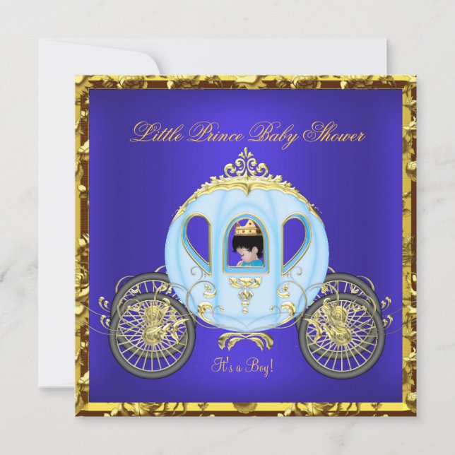Little Prince Baby Shower Blue Gold Boy Carriage 2 Invitation (Front)
