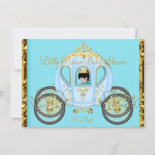 Little Prince Baby Shower Blue Gold Boy Carriage Invitation