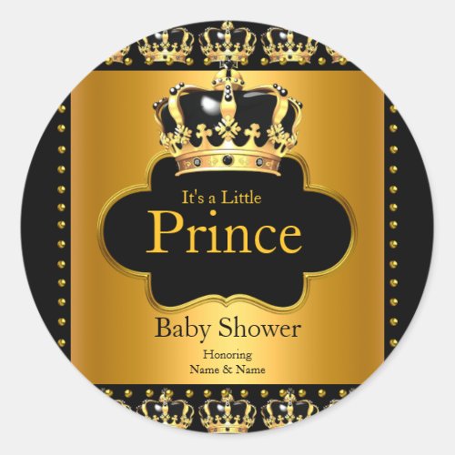 Little Prince Baby Shower Boy Crown Black Gold Classic Round Sticker
