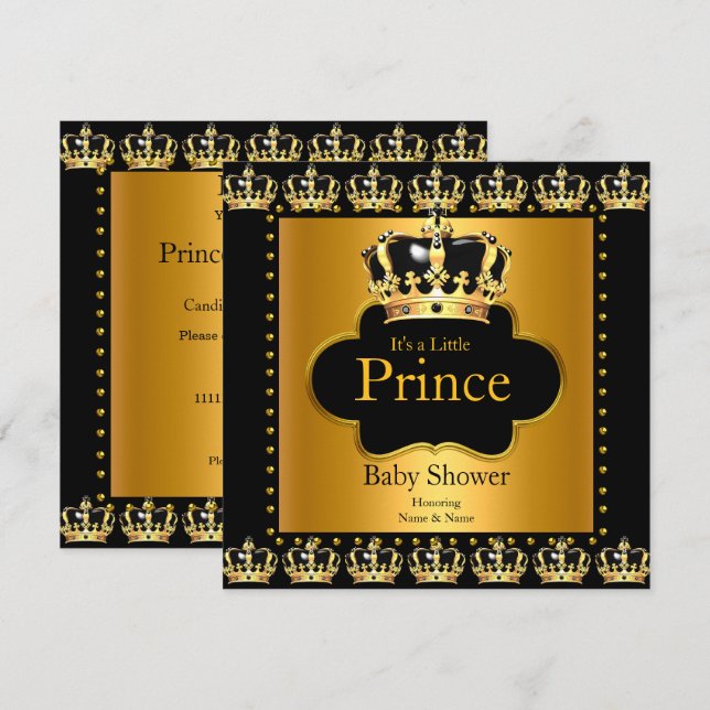 Little Prince Baby Shower Boy Crown Black Gold Invitation (Front/Back)