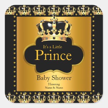 Little Prince Baby Shower Boy Crown Black Gold Square Sticker by VintageBabyShop at Zazzle