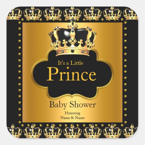 Little Prince Baby Shower Boy Crown Black Gold Square Sticker