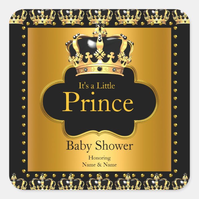 Little Prince Baby Shower Boy Crown Black Gold Square Sticker (Front)
