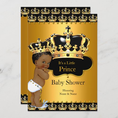 Little Prince Baby Shower Boy Crown Gold Ethnic Invitation