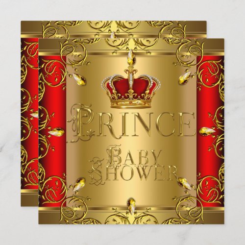 Little Prince Baby Shower Boy Red Gold Crown Invitation