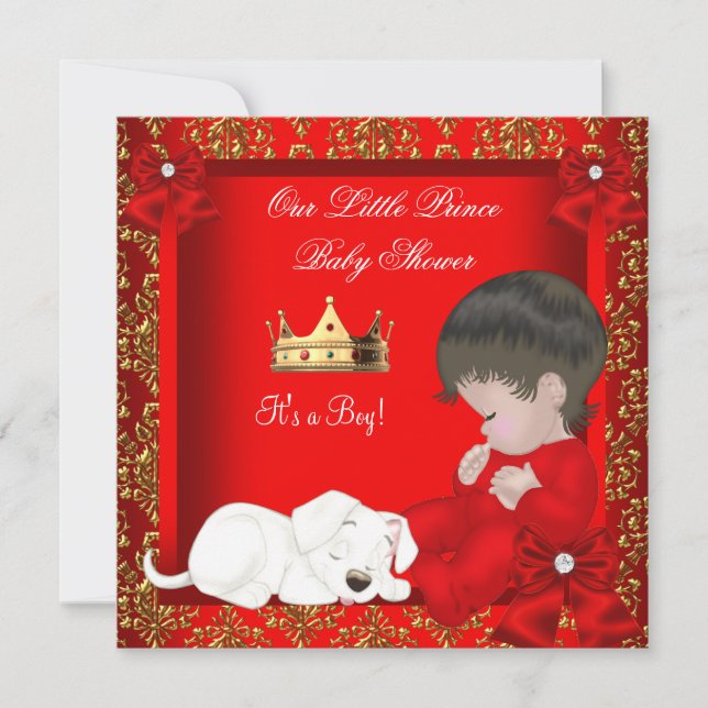 Little Prince Baby Shower Boy Red Gold Damask Invitation (Front)