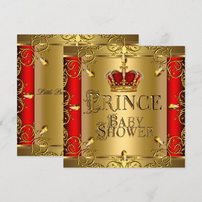 Little Prince Baby Shower Boy Regal Red Gold Crown Invitation (Front/Back)