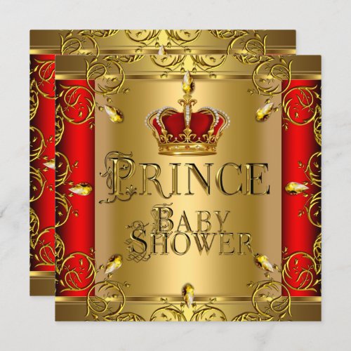 Little Prince Baby Shower Boy Regal Red Gold Crown Invitation