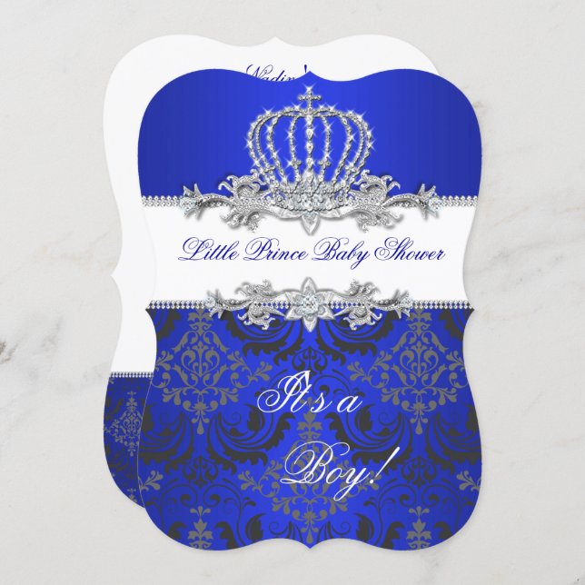 Little Prince Baby Shower Boy Royal Blue Crown 2 Invitation (Front/Back)