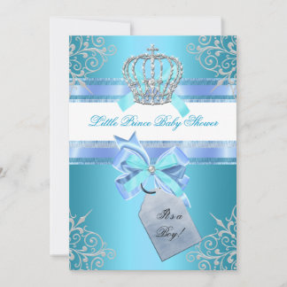 Little Prince Baby Shower Boy Teal Blue Crown 4 Invitation