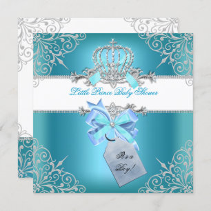 Little Prince Baby Shower Boy Teal Blue Crown 6 Invitation
