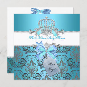 Little Prince Baby Shower Boy Teal Blue Crown 8 Invitation