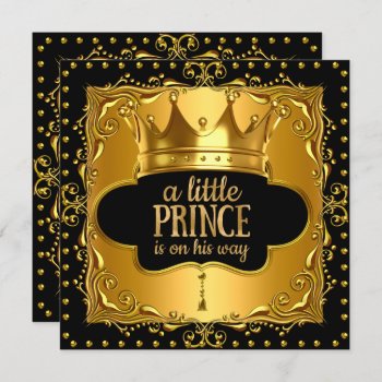 Little Prince Baby Shower Gold Foil Crown Black Invitation by VintageBabyShop at Zazzle