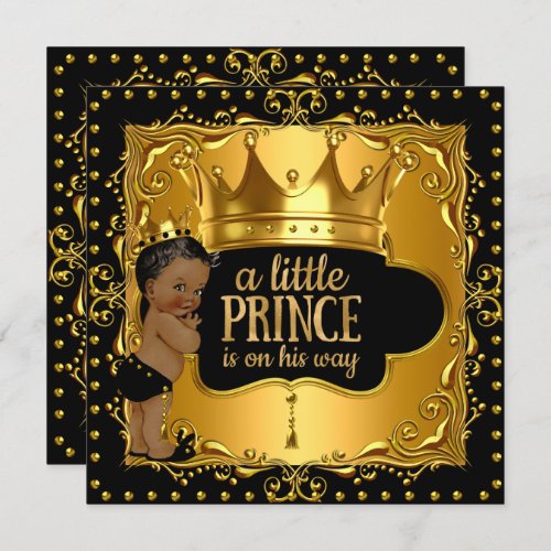 Little Prince Baby Shower Gold Foil Crown Ethnic Invitation