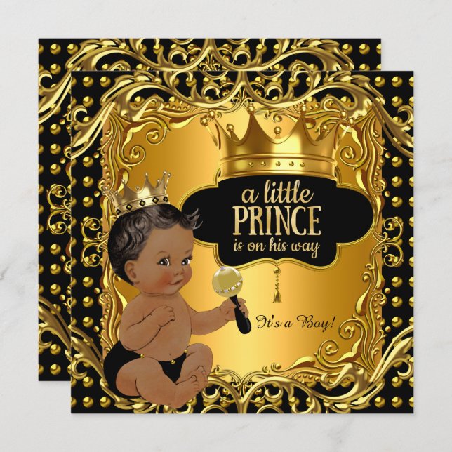 Little Prince Baby Shower Gold Rattle Ethnic Invitation (Front/Back)