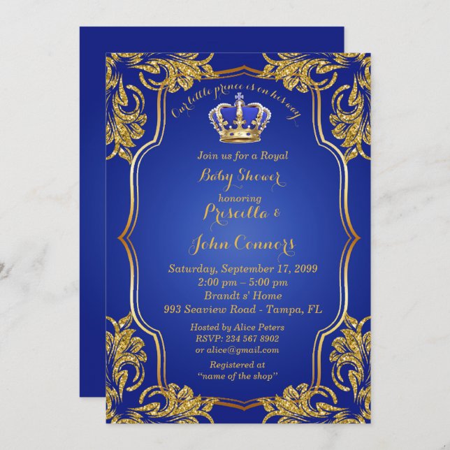 Little Prince Baby Shower Invitation, gold, blue Invitation (Front/Back)