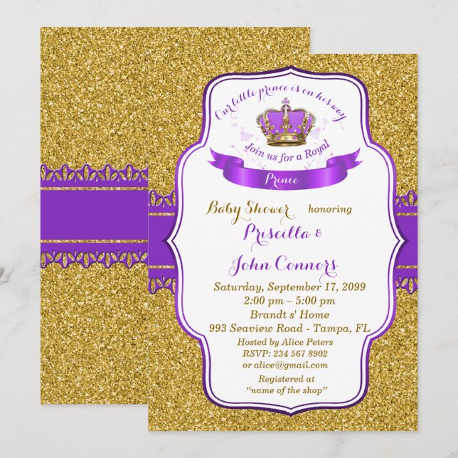 Little Prince Baby Shower Invitation, gold, purple Invitation (Front/Back)