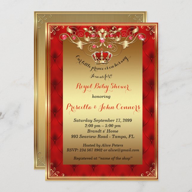 Little Prince Baby Shower Invitation,gold,red Invitation (Front/Back)