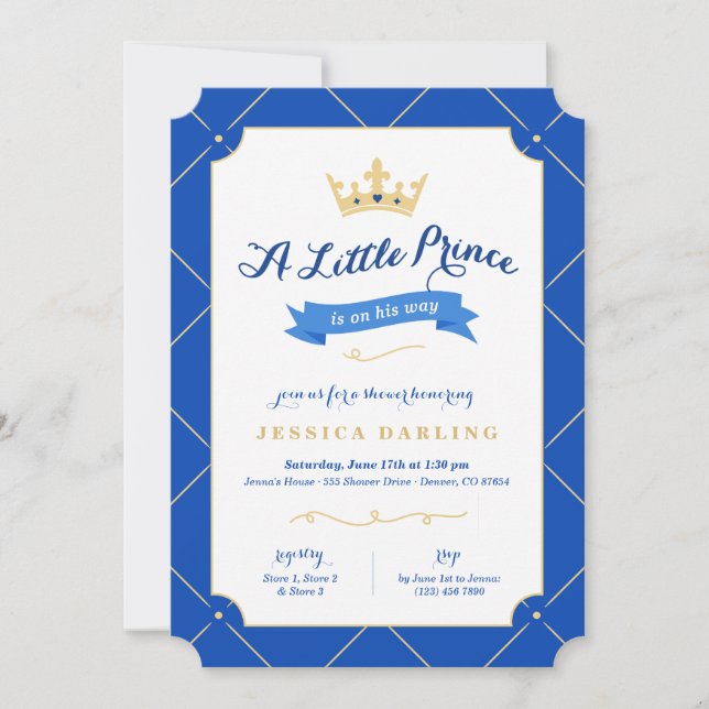 Little Prince Baby Shower Invitations | Royal Blue (Front)