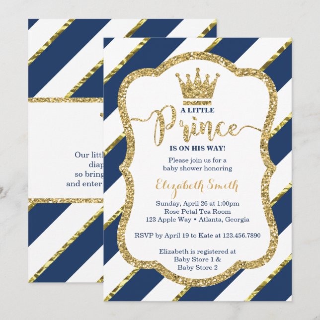 Little Prince Baby Shower Invite, Faux Glitter Invitation (Front/Back)