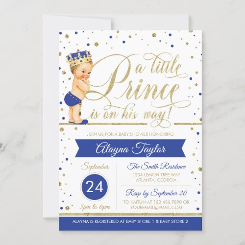 Little Prince Baby Shower Invite Faux Glitter Invitation