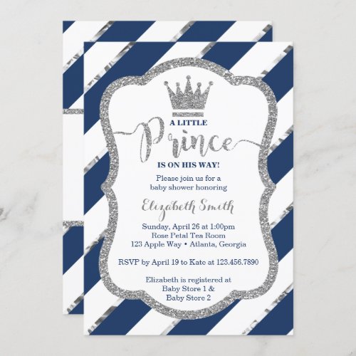 Little Prince Baby Shower Invite Faux Glitter Invitation