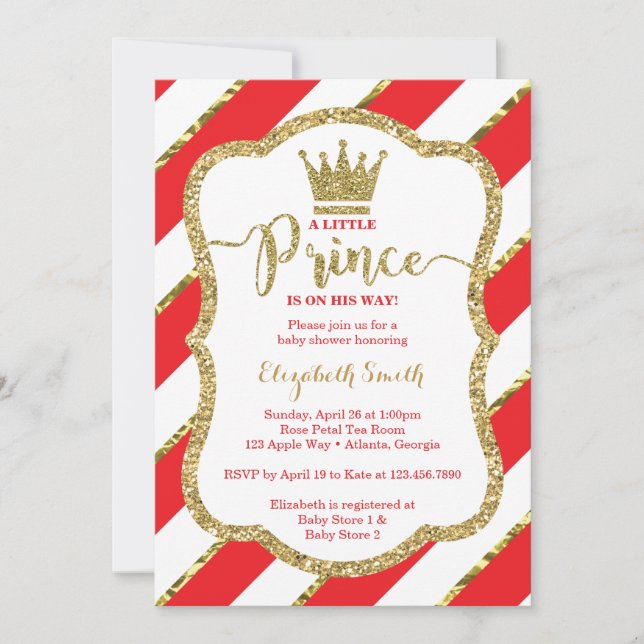 Little Prince Baby Shower Invite, Faux Glitter Invitation (Front)