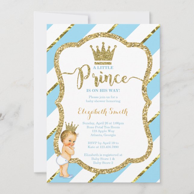 Little Prince Baby Shower Invite, Faux Glitter Invitation (Front)