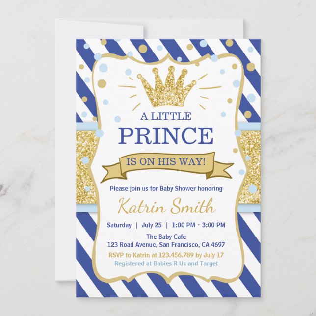Little Prince Baby Shower Invite Royal blue Gold (Front)