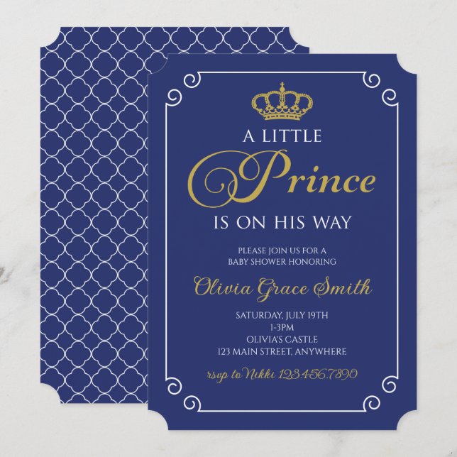 Little Prince Baby Shower Royal Blue Gold Invitati Invitation (Front/Back)