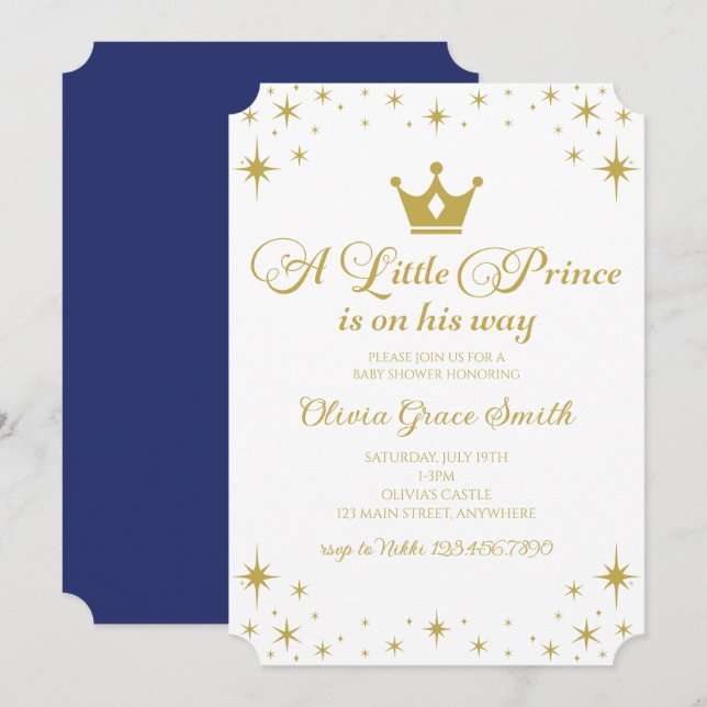 Little Prince Baby Shower Royal Blue Gold Invitation (Front/Back)