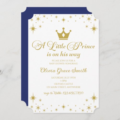 Little Prince Baby Shower Royal Blue Gold Invitation