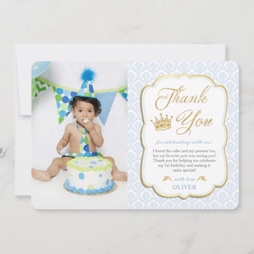 Little Prince Birthday Blue Damask Picture  Thank You Card