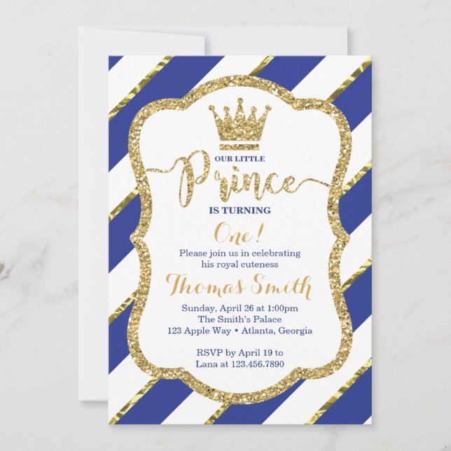 Little Prince Birthday Invitation in Blue & Gold (Front)
