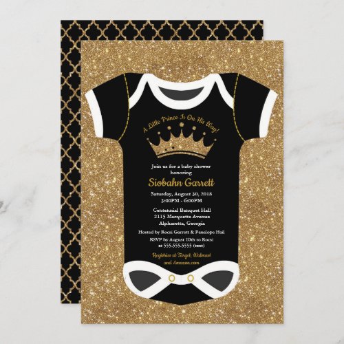 Little Prince Black  Royal Gold Baby Shower Invitation
