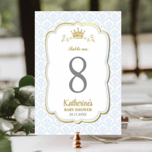 Little Prince Blue Damask Baby Shower Birthday Table Number
