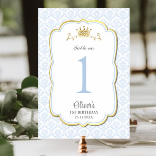 Little Prince Blue Damask Birthday Baby Shower Table Number