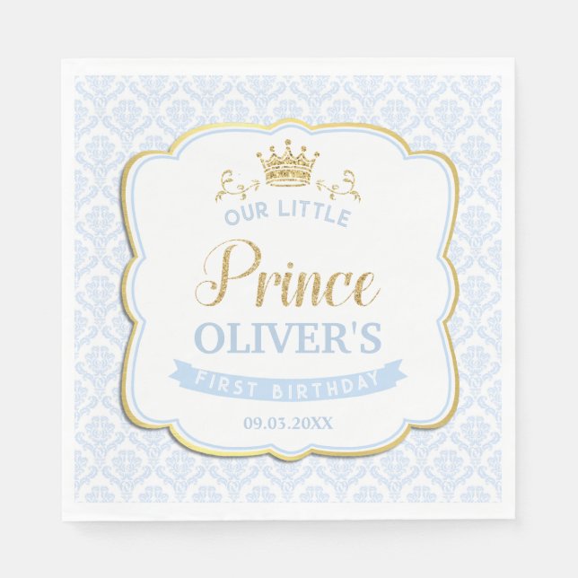 Little Prince Blue Damask Gold Crown 1st Birthday Napkins (Front)