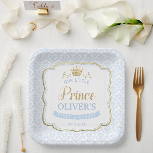 Little Prince Blue Damask Gold Crown 1st Birthday Paper Plates
