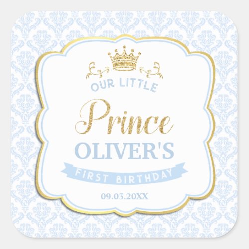 Little Prince Blue Damask Gold Crown 1st Birthday Square Sticker