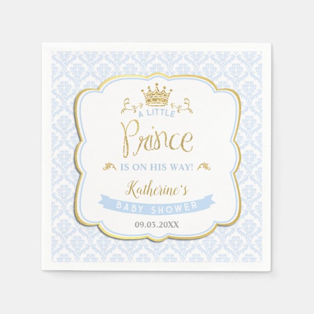 Little Prince Blue Damask Gold Crown Baby Shower Napkins (Front)
