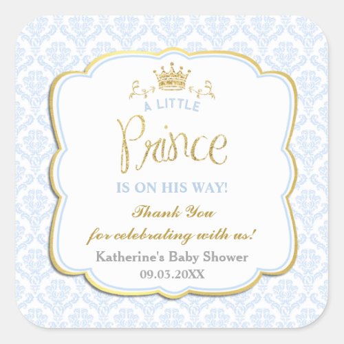 Little Prince Blue Damask Gold Crown Baby Shower Square Sticker