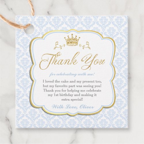 Little Prince Blue Damask Gold Crown Thank You Favor Tags
