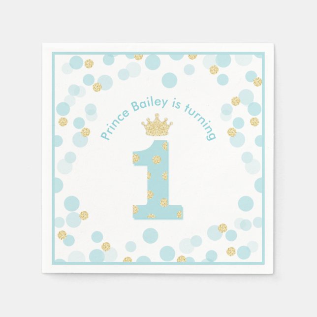 Little Prince Blue Gold 1st Birthday Party Napkins (Front)