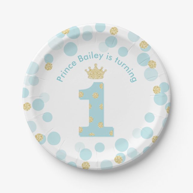 Little Prince Blue Gold 1st Birthday Party Paper Plates (Front)