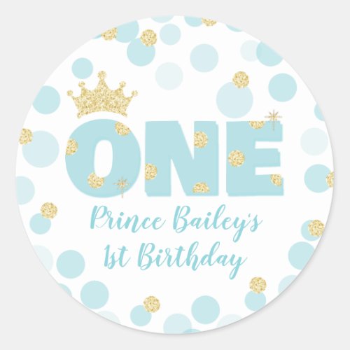 Little Prince Blue Gold Confetti Birthday Party Classic Round Sticker
