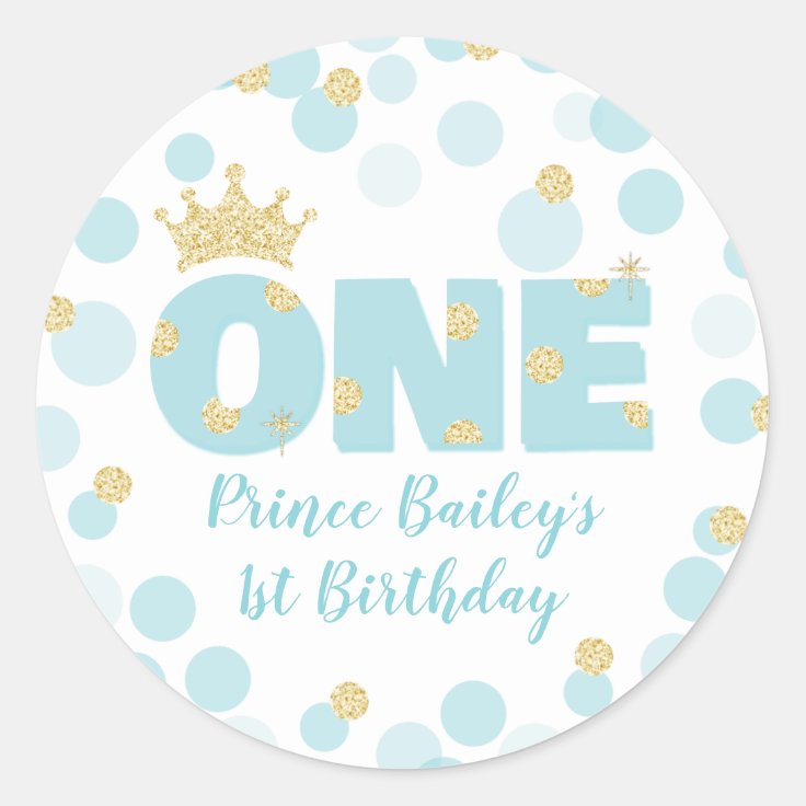 Little Prince Blue Gold Confetti Birthday Party Classic Round Sticker ...