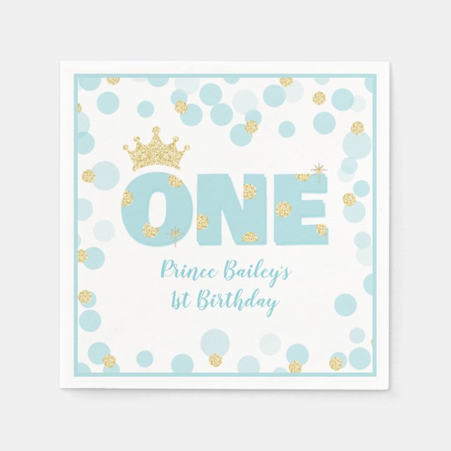 Little Prince Blue Gold First Birthday Napkins (Front)