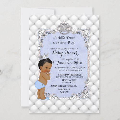 Little Prince Blue Pearls Diamonds Baby Boy Invitation